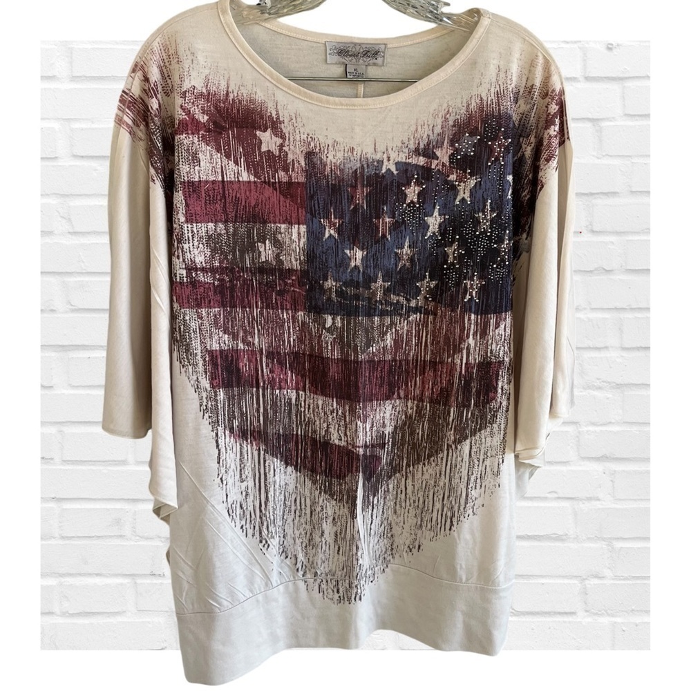 American Flag July 4th Holiday Rhinestones Dolman Sleeve Patriotic Shirt XL Y2K